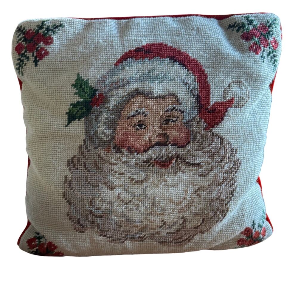 Santa Claus Wool Needlepoint Embroidery Accent Pillow Red Velvet 13" Christmas